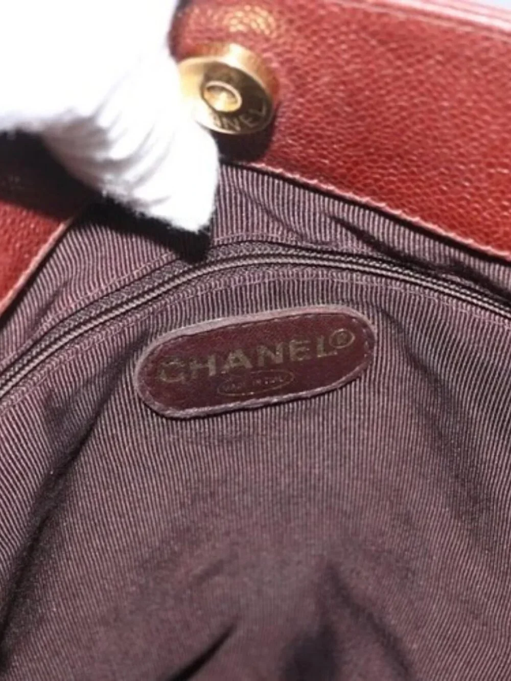 CHANEL Shoulder Bag Grained Calf Skin Brown Gold CC Auth bs33895
